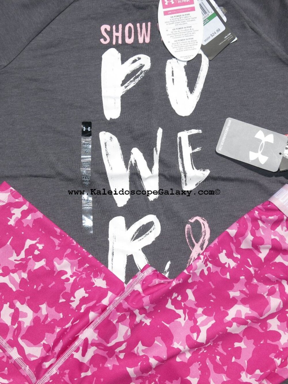 2pc Under Armour Girls Large Capri Leggings w/ T-Shirt Gray Pink Leopard